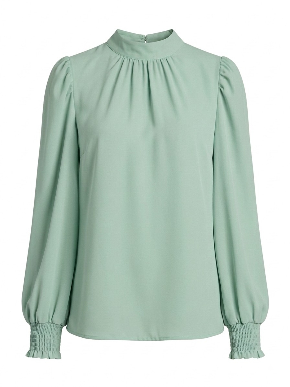 High-Neck Long Sleeve Blouse in Mint Green With Ties At Back